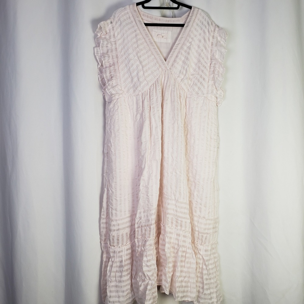 by Anthropologie Pink Striped Ruffle Sleeve Empire Waist Midi Dress 2X Pockets